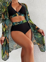 Conjunto de Bikini con Estampado Tropical y Kimono- 3 piezas