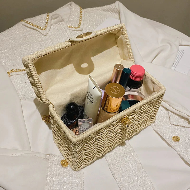 Bolso pequeño y bolsos con caja de verano para mujer, bolsos de hombro tipo bandolera tejidos de paja de ratán, bolsos de playa de viaje con cadena a la moda para mujer