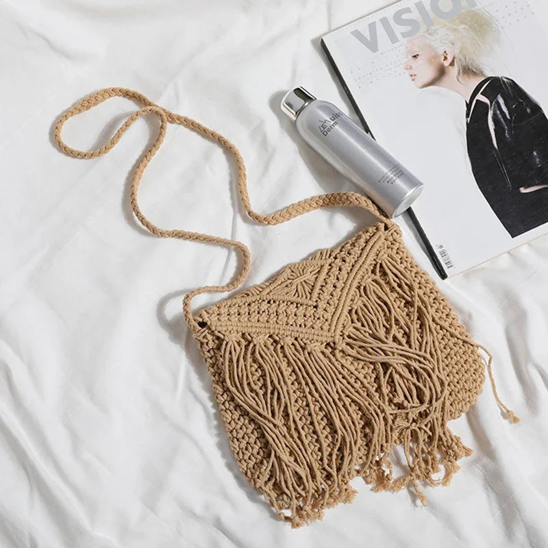 Bolso de mano tejido de paja bohemio para mujer, bolso de mano informal con borla Simple, bolso cruzado de playa de verano para mujer