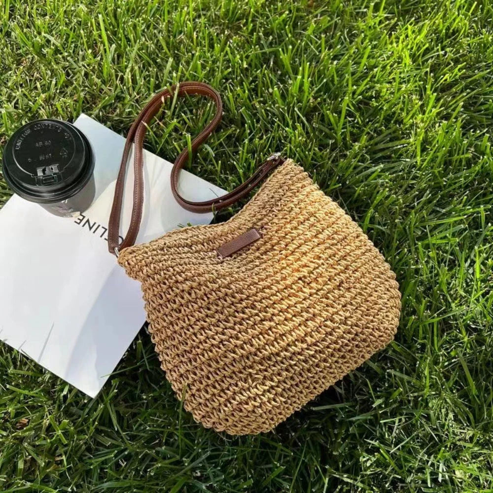 Bolso cruzado tejido de paja, bolso tejido de paja simple de un solo hombro, bolso de playa de vacaciones, bolso de mujer versátil