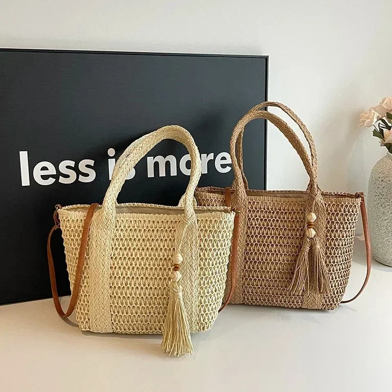 Bolso de mano tejido de paja para verano, bolso de mano de gran capacidad, bolsos versátiles de moda para mujer, bolsos de hombro informales para vacaciones de marca 2025