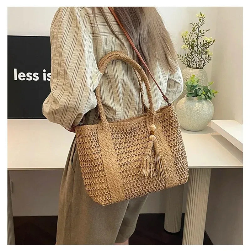 Bolso de mano tejido de paja para verano, bolso de mano de gran capacidad, bolsos versátiles de moda para mujer, bolsos de hombro informales para vacaciones de marca 2025