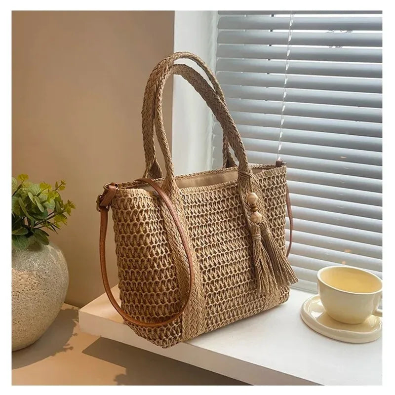 Bolso de mano tejido de paja para verano, bolso de mano de gran capacidad, bolsos versátiles de moda para mujer, bolsos de hombro informales para vacaciones de marca 2025