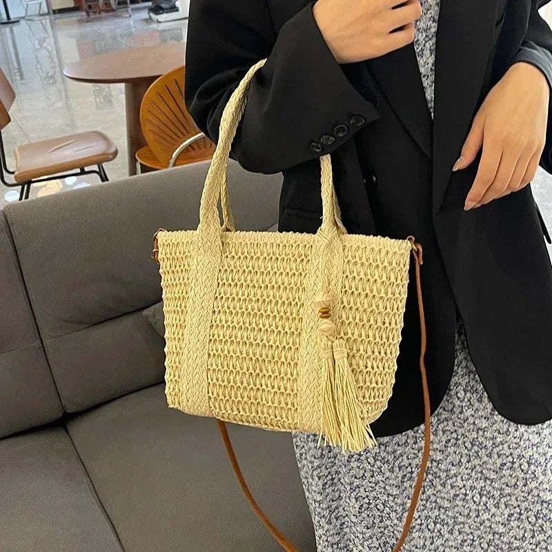 Bolso de mano tejido de paja para verano, bolso de mano de gran capacidad, bolsos versátiles de moda para mujer, bolsos de hombro informales para vacaciones de marca 2025