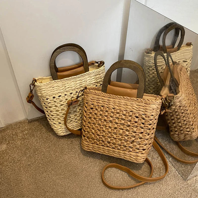 Bolso de playa bohemio de paja de verano para mujer, bandolera informal de gran capacidad hecha a mano con asa