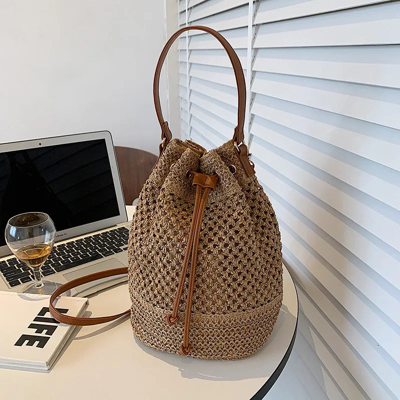Bolso de paja tejido para mujer, bandolera tipo cubo, bolso de playa de verano, bolsos de hombro de viaje Retro, bolso de viaje pequeño y bolso para mujer