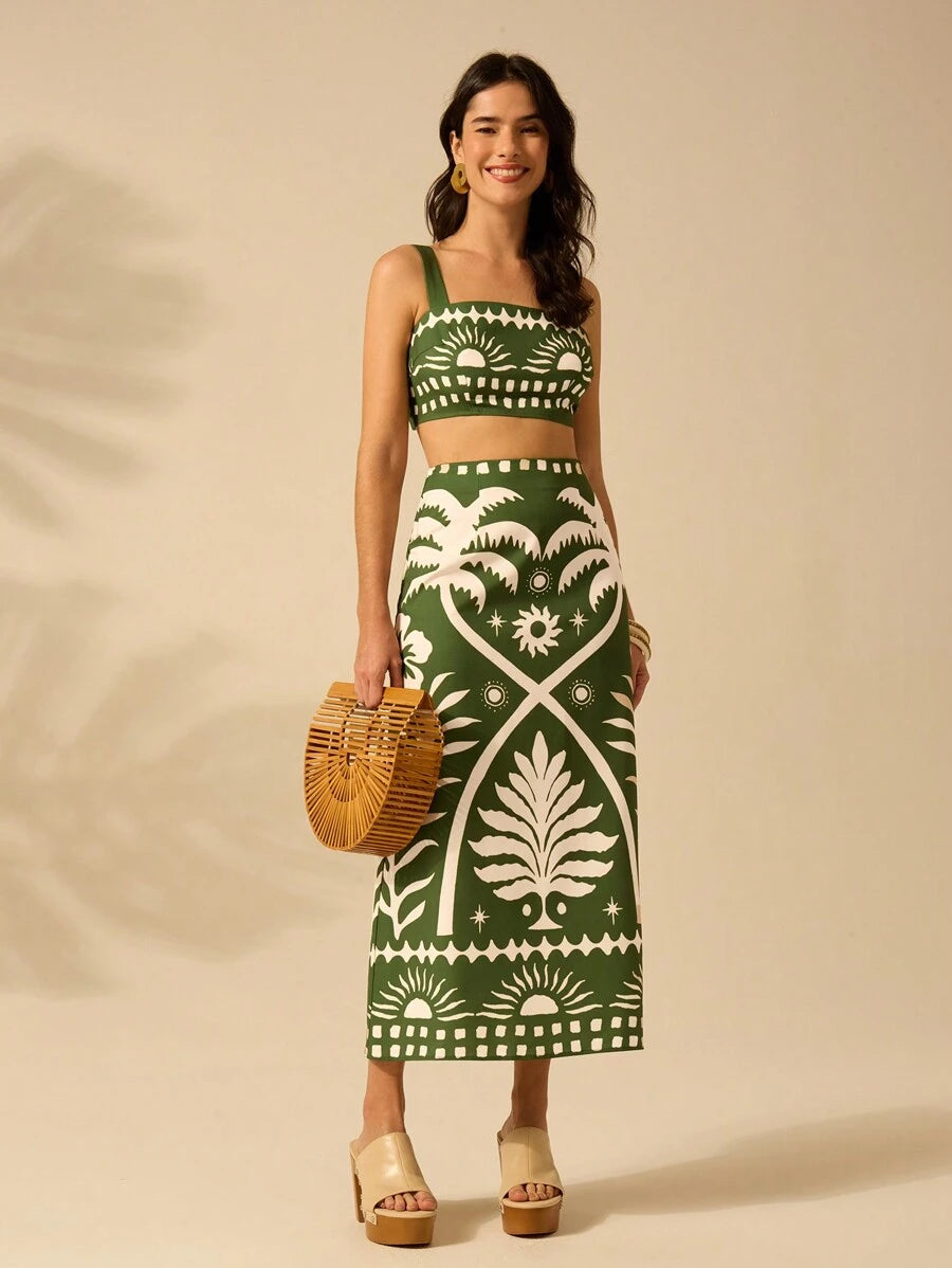 Set 2 Piezas Verde Boho: Top Cropped & Falda Coco Sol