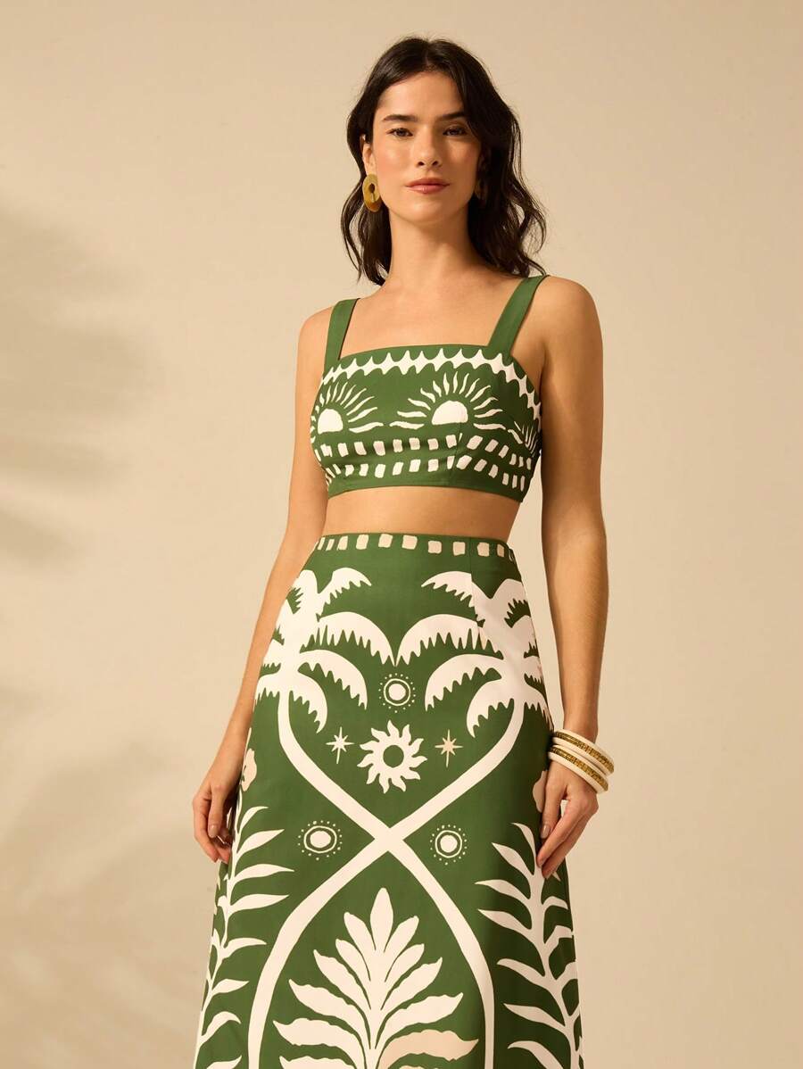 Set 2 Piezas Verde Boho: Top Cropped & Falda Coco Sol