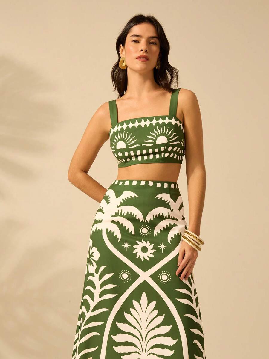 Set 2 Piezas Verde Boho: Top Cropped & Falda Coco Sol