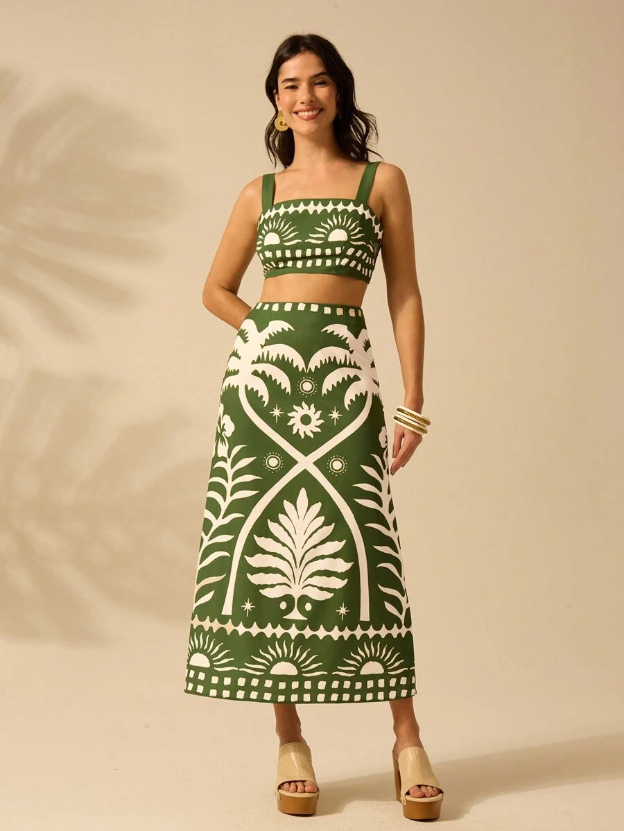 Set 2 Piezas Verde Boho: Top Cropped & Falda Coco Sol