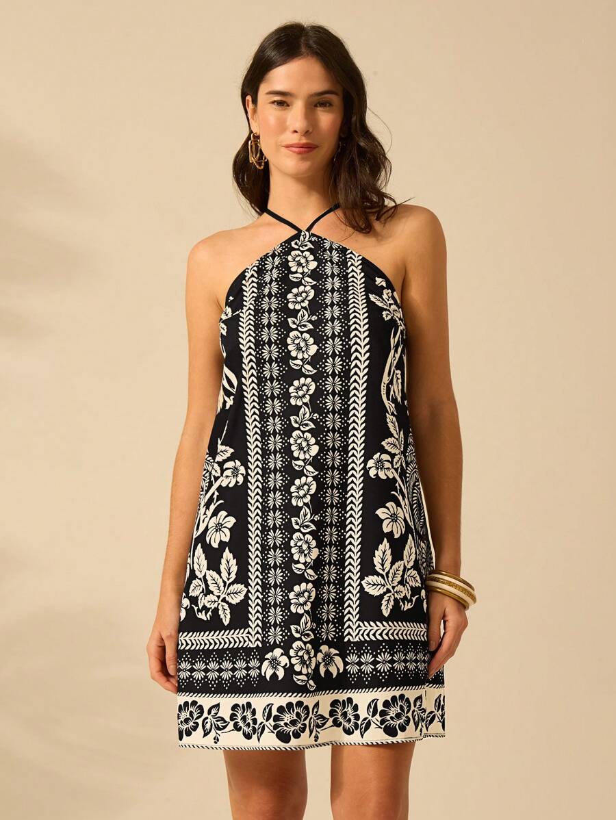 Vestido Mini Negro & Beige Boho con Cinturón y Espalda Cruzada