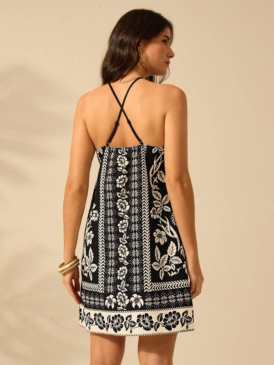 Vestido Mini Negro & Beige Boho con Cinturón y Espalda Cruzada