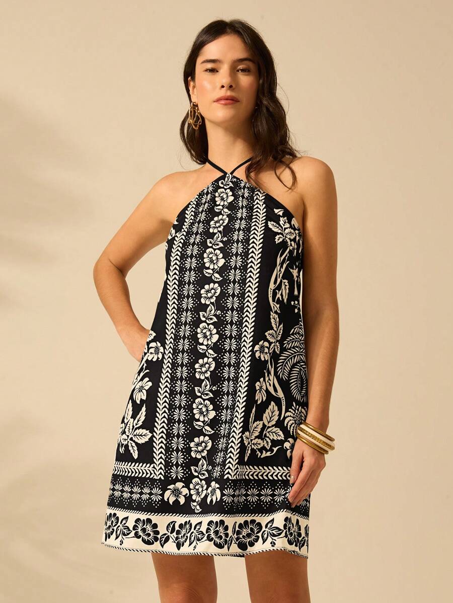 Vestido Mini Negro & Beige Boho con Cinturón y Espalda Cruzada
