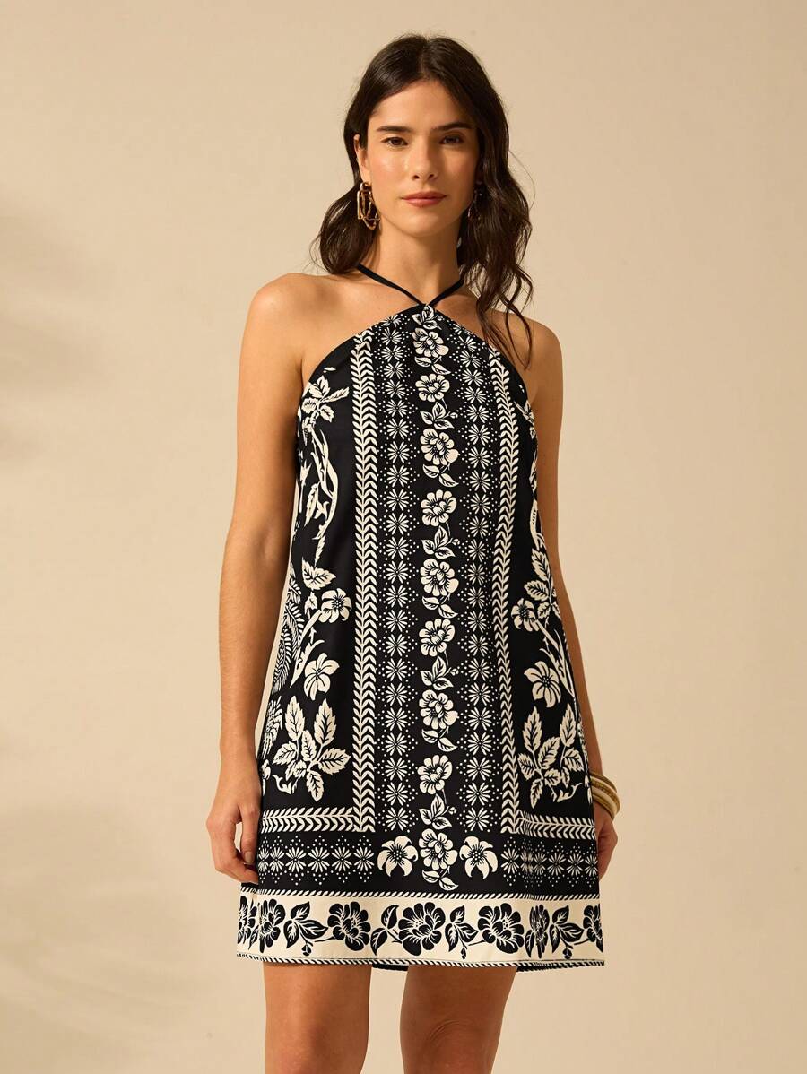 Vestido Mini Negro & Beige Boho con Cinturón y Espalda Cruzada