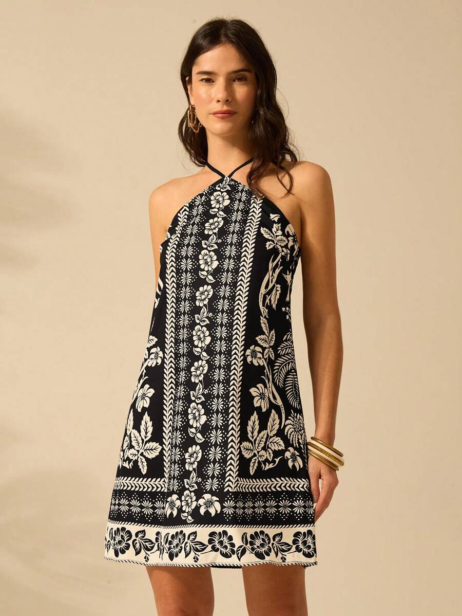 Vestido Mini Negro & Beige Boho con Cinturón y Espalda Cruzada