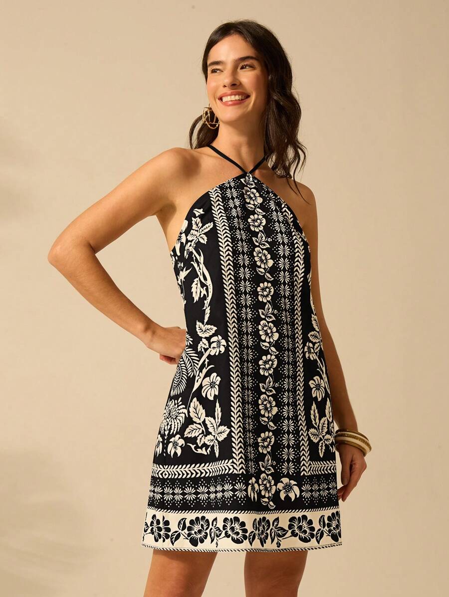 Vestido Mini Negro & Beige Boho con Cinturón y Espalda Cruzada
