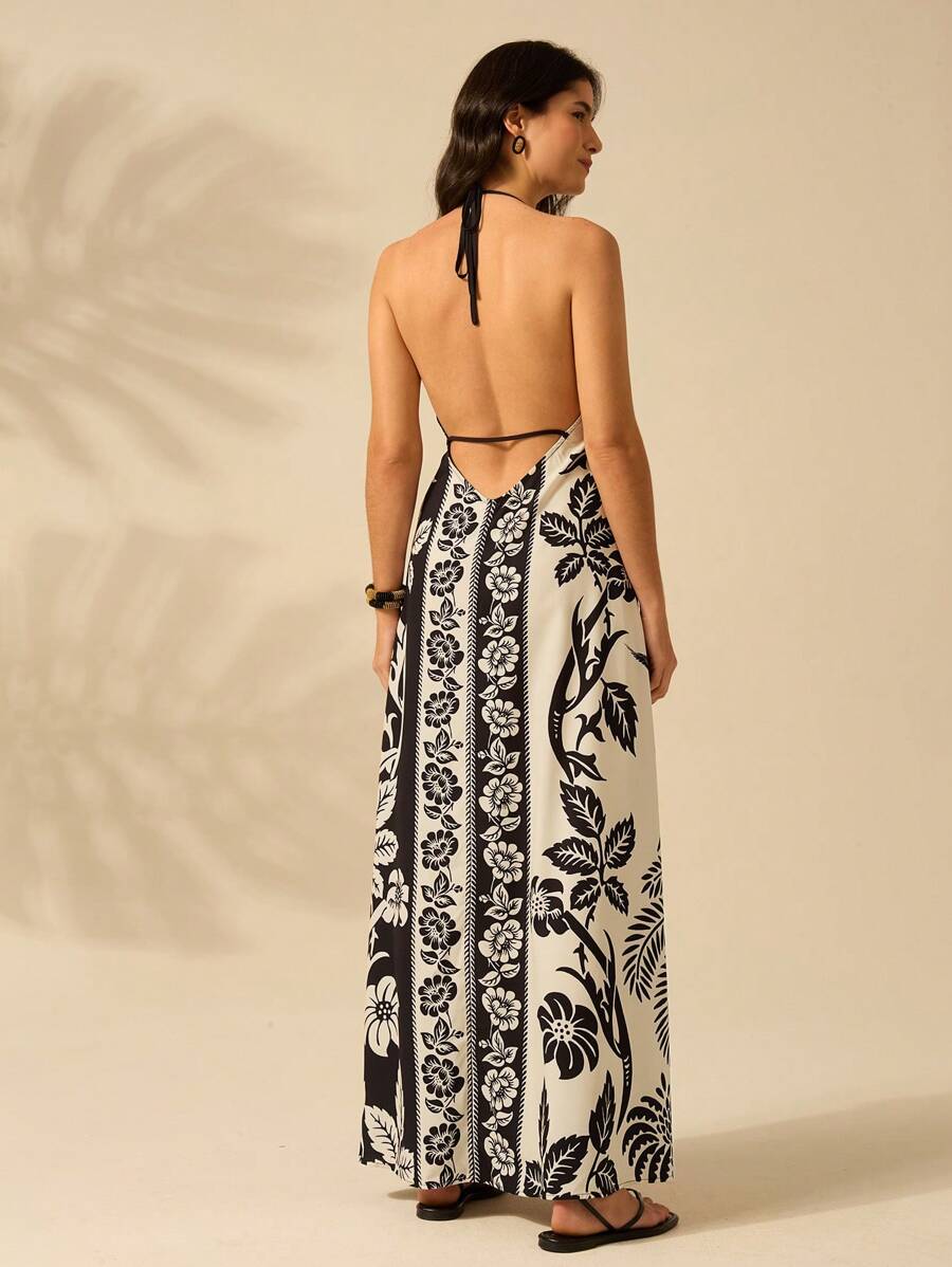 Vestido Largo Halter Azul Tropical con Loro y Lazo