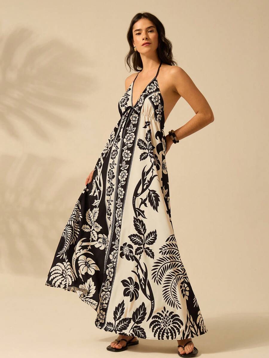 Vestido Largo Halter Azul Tropical con Loro y Lazo