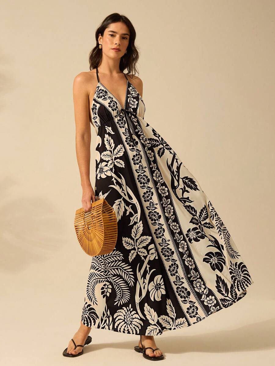Vestido Largo Halter Azul Tropical con Loro y Lazo