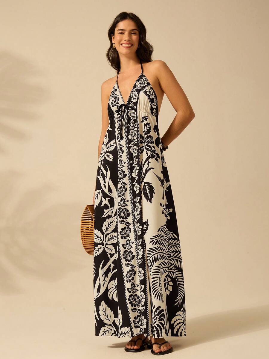 Vestido Largo Halter Azul Tropical con Loro y Lazo