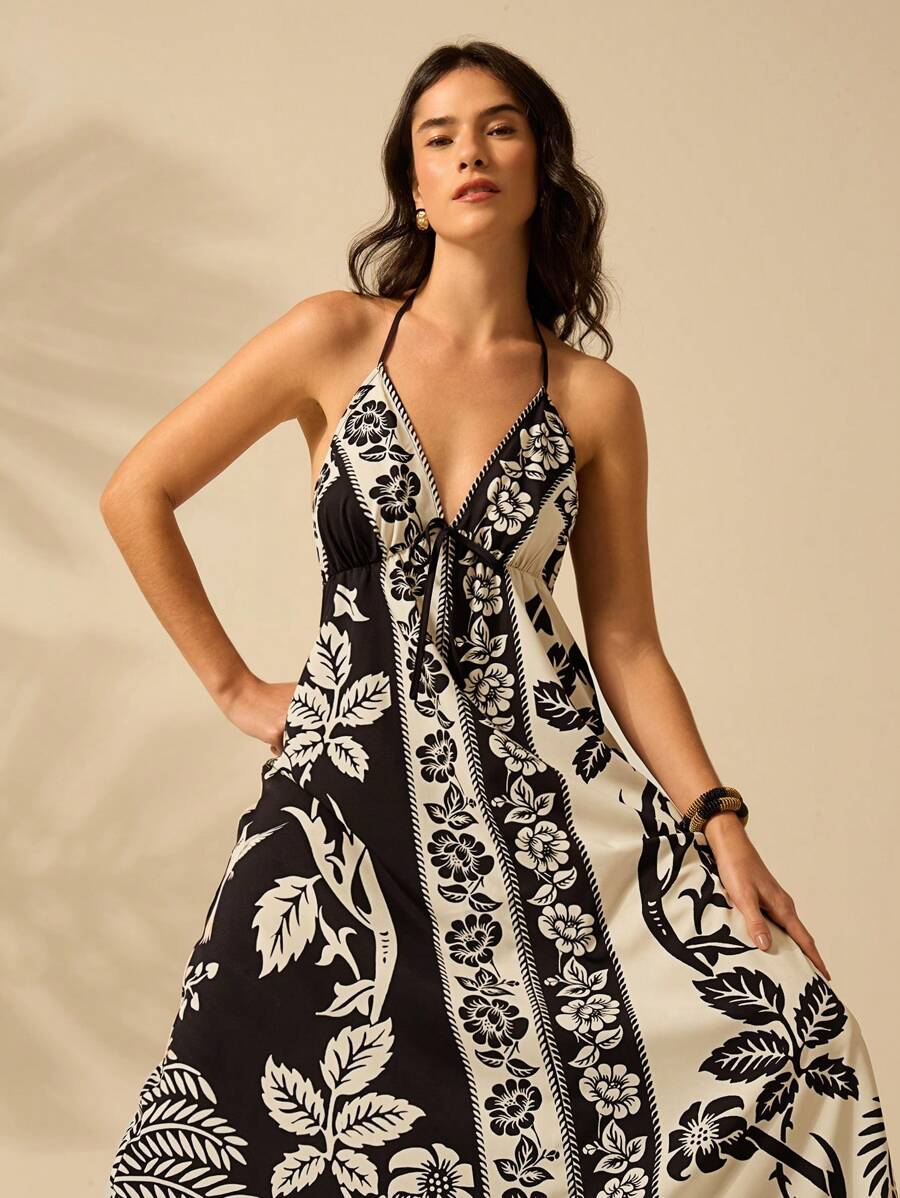 Vestido Largo Halter Azul Tropical con Loro y Lazo