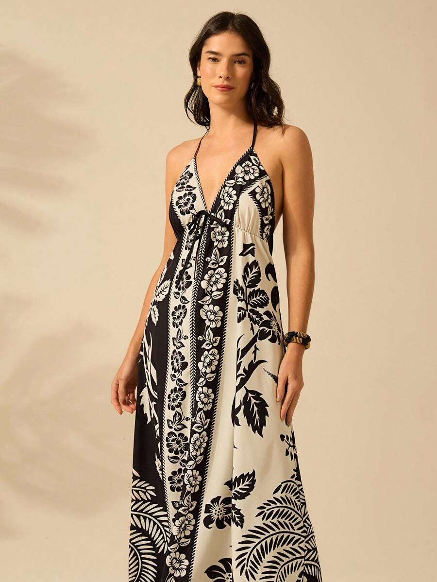 Vestido Largo Halter Azul Tropical con Loro y Lazo
