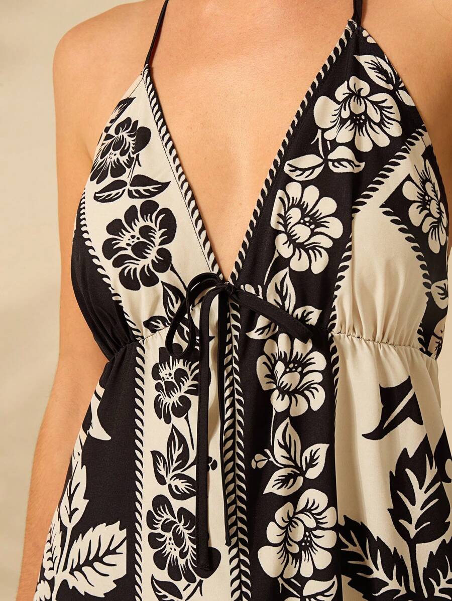 Vestido Largo Halter Azul Tropical con Loro y Lazo