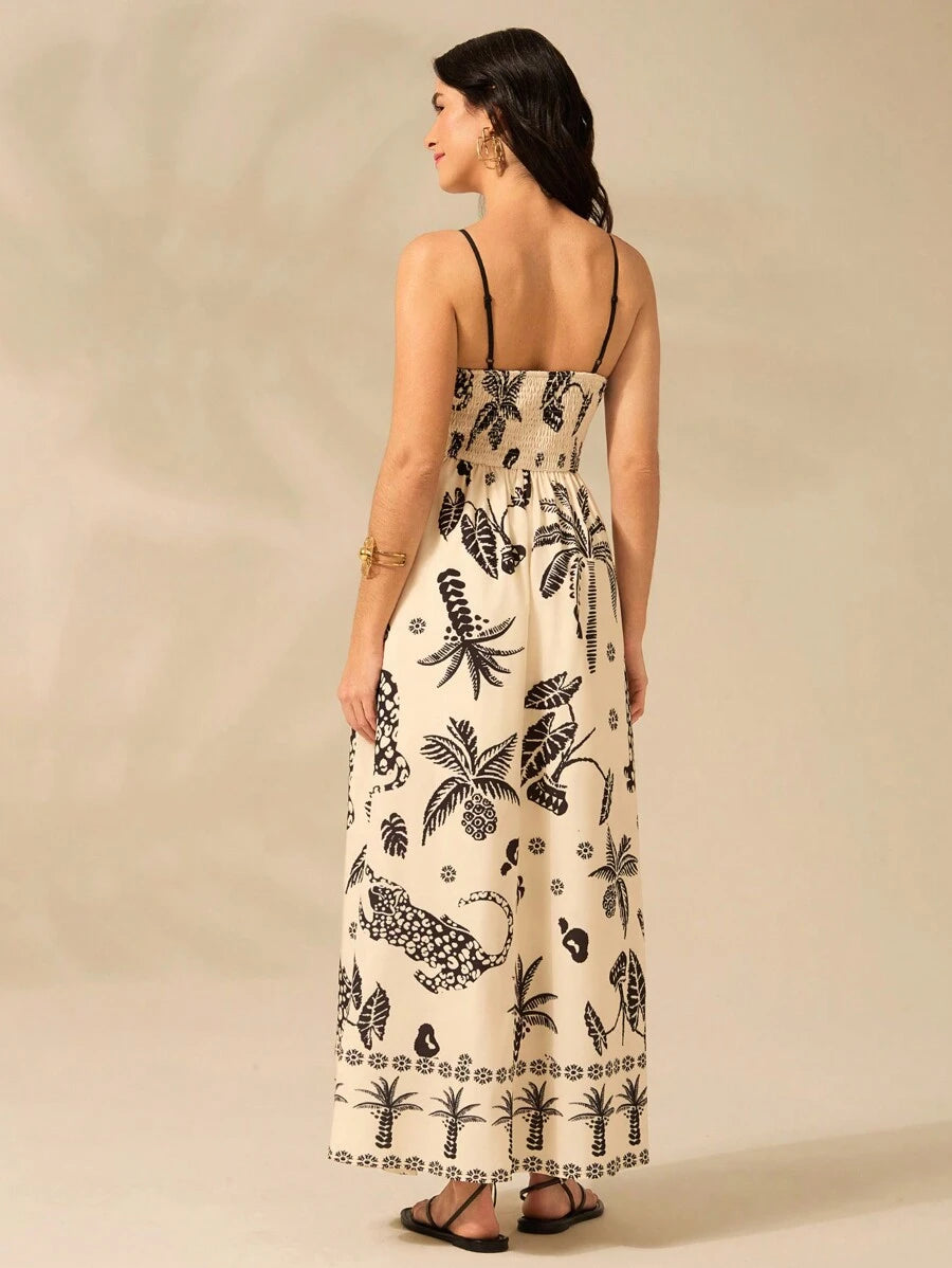 Vestido Largo Beige Boho con Leopardo, Piña y Coco Tropical