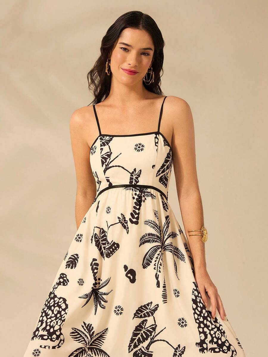 Vestido Largo Beige Boho con Leopardo, Piña y Coco Tropical