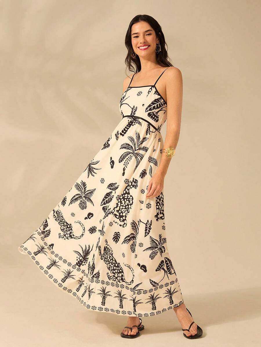 Vestido Largo Beige Boho con Leopardo, Piña y Coco Tropical