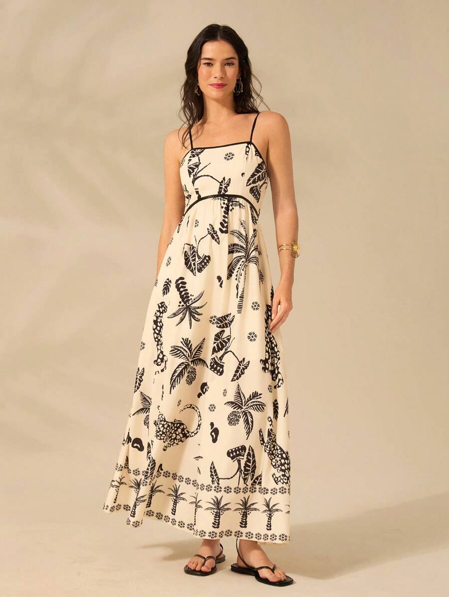 Vestido Largo Beige Boho con Leopardo, Piña y Coco Tropical