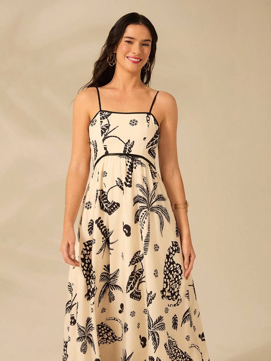 Vestido Largo Beige Boho con Leopardo, Piña y Coco Tropical
