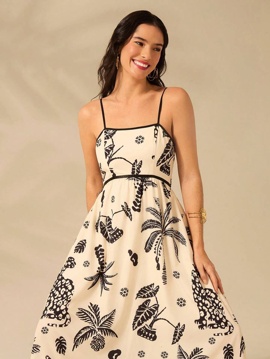 Vestido Largo Beige Boho con Leopardo, Piña y Coco Tropical
