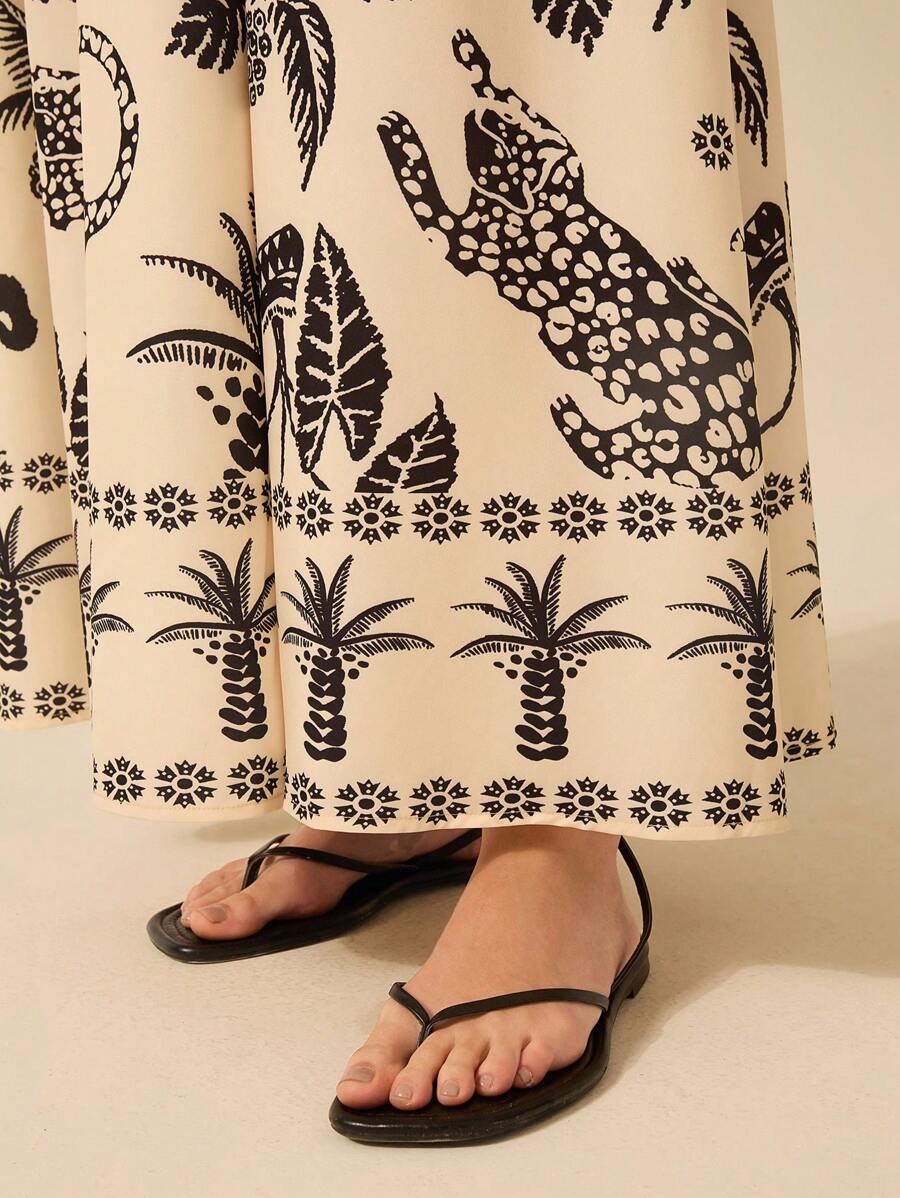 Vestido Largo Beige Boho con Leopardo, Piña y Coco Tropical