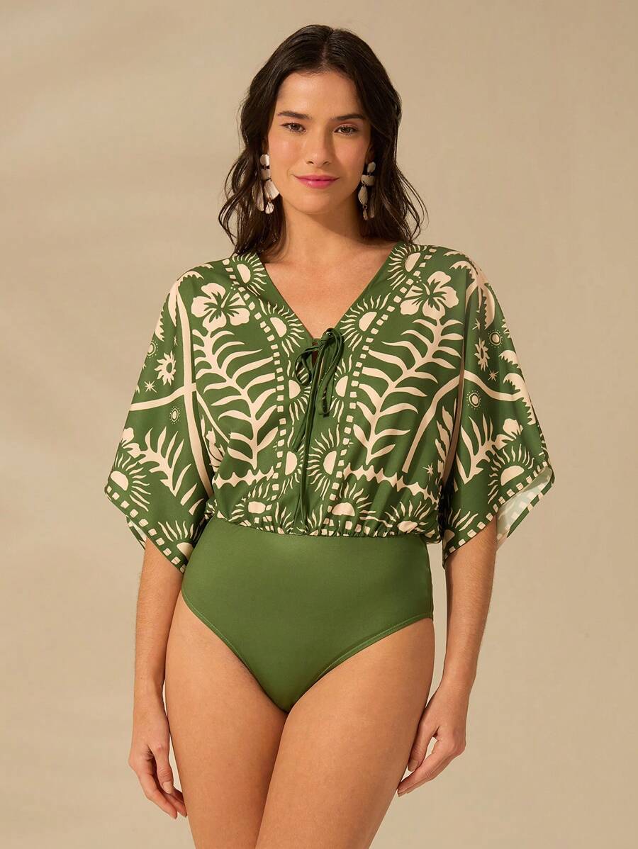 Body Verde Tropical con Mangas Anudadas & Escote V