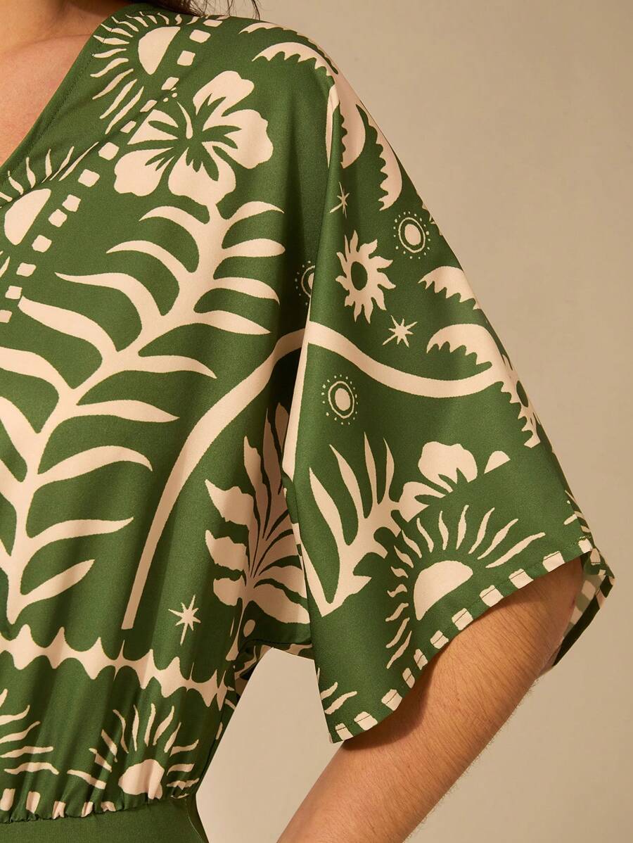 Body Verde Tropical con Mangas Anudadas & Escote V