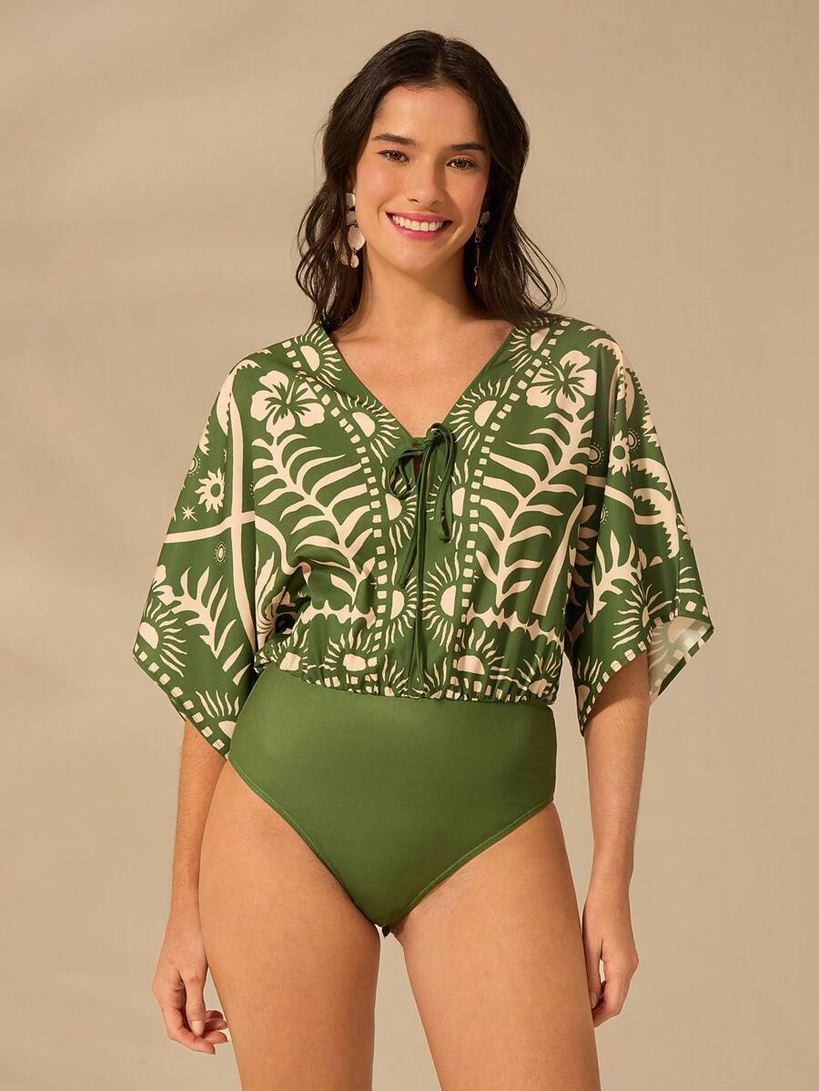 Body Verde Tropical con Mangas Anudadas & Escote V