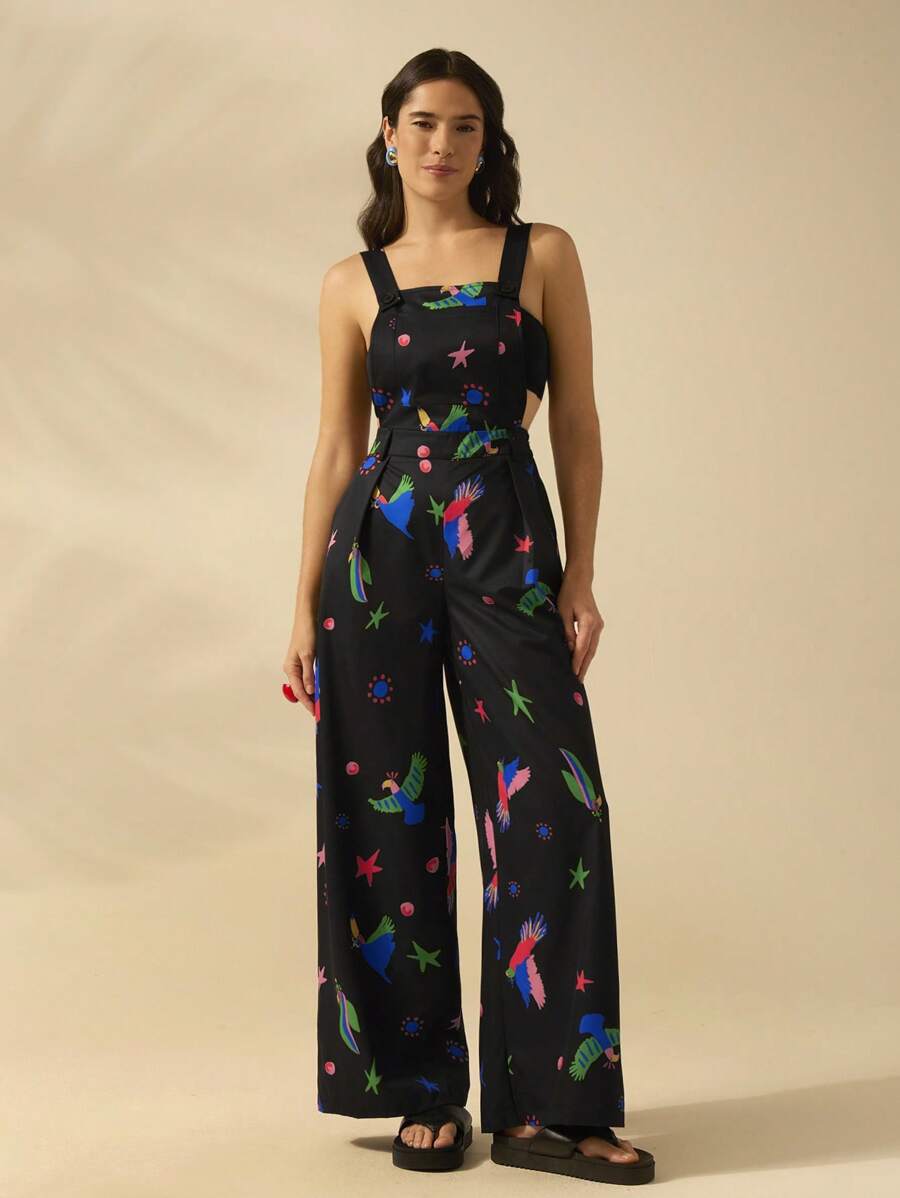 Mono Negro Boho Tropical con Estampa de Pájaros