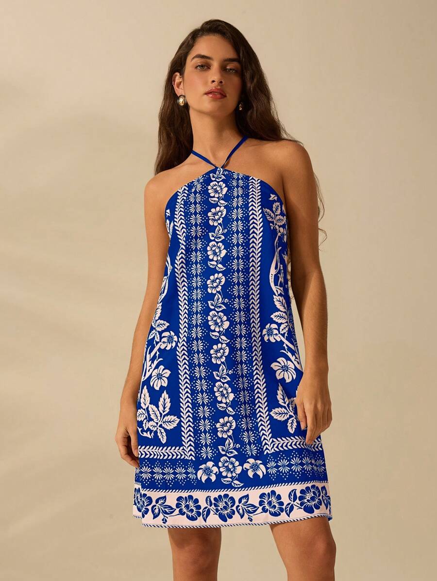 Vestido Mini Negro & Beige Boho con Cinturón y Espalda Cruzada