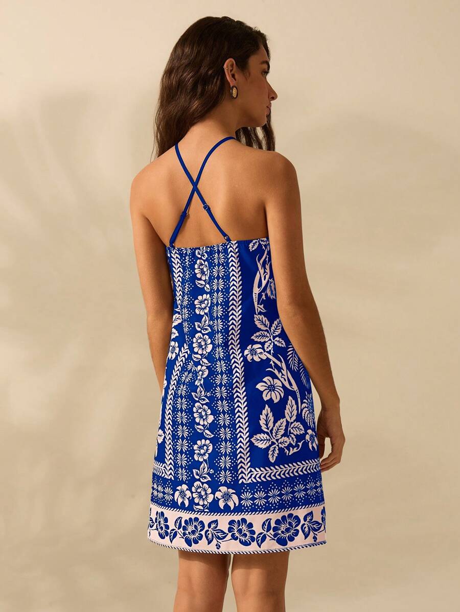 Vestido Mini Negro & Beige Boho con Cinturón y Espalda Cruzada