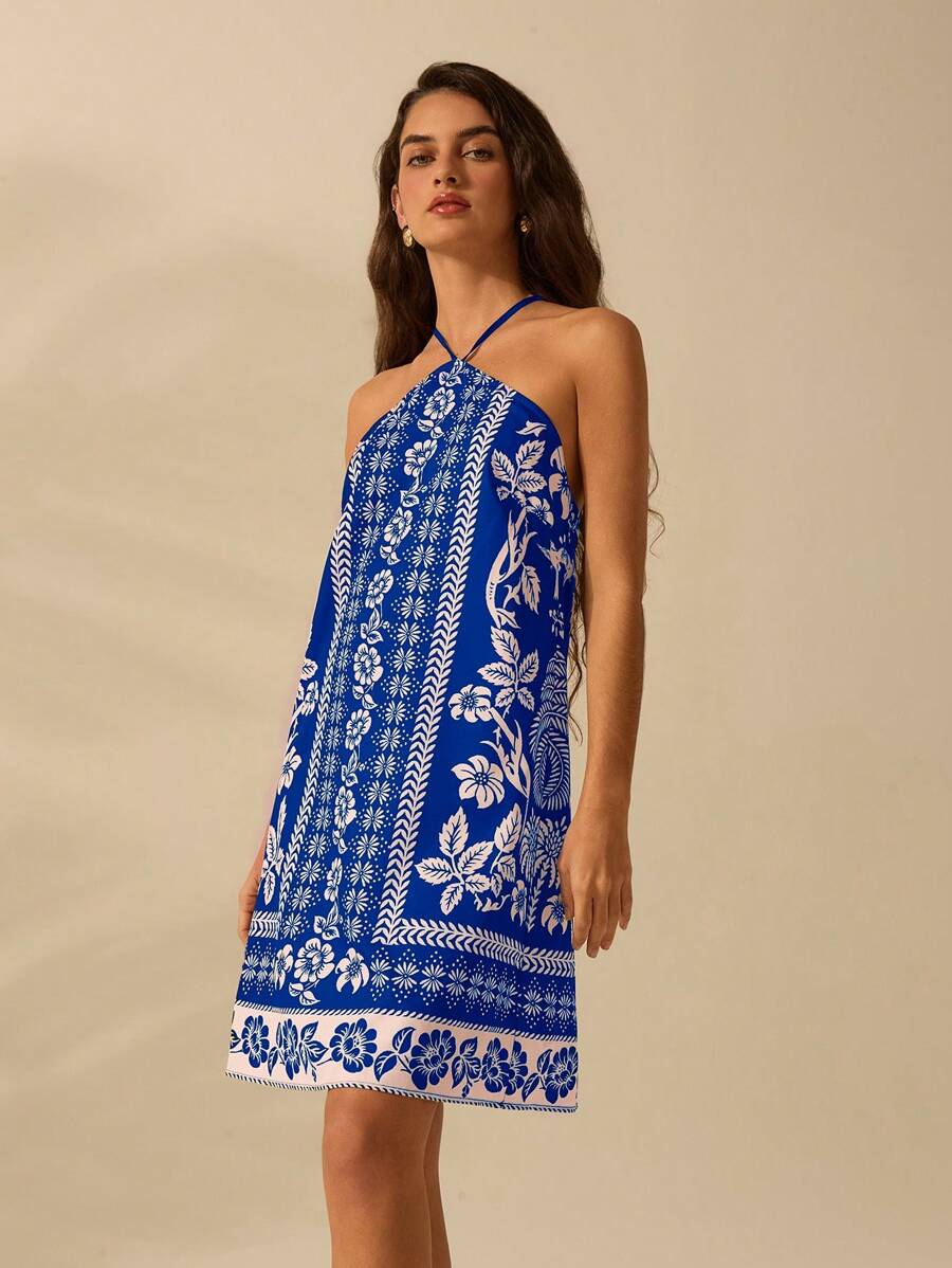 Vestido Mini Negro & Beige Boho con Cinturón y Espalda Cruzada