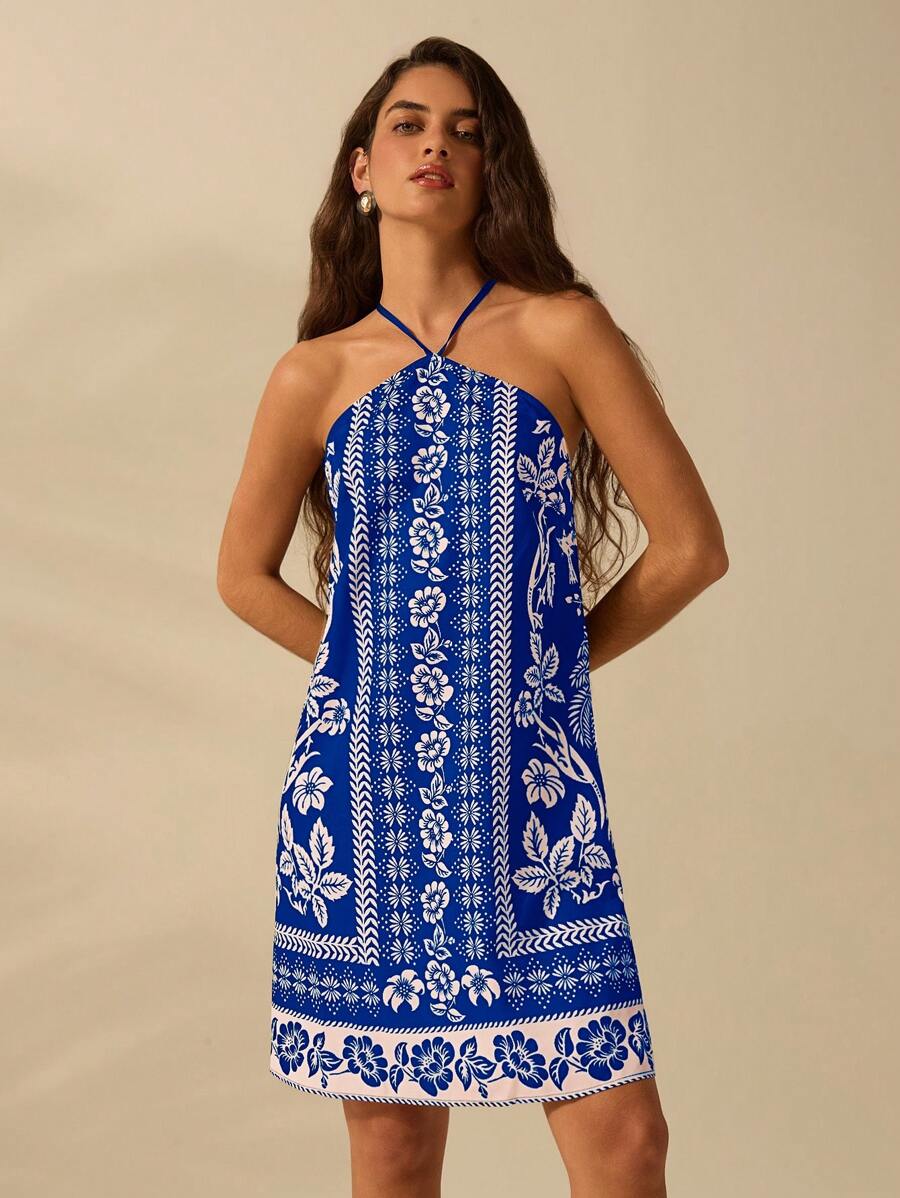 Vestido Mini Negro & Beige Boho con Cinturón y Espalda Cruzada