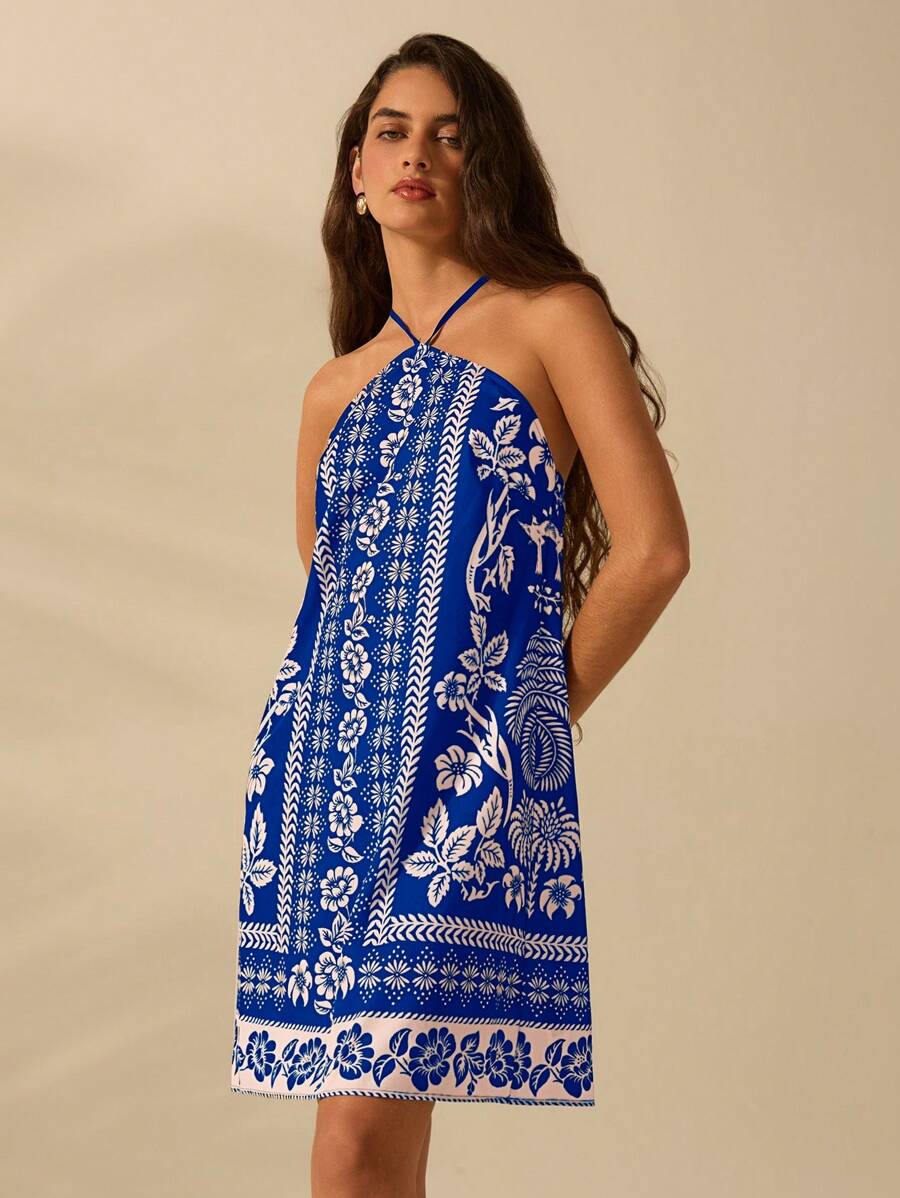 Vestido Mini Negro & Beige Boho con Cinturón y Espalda Cruzada