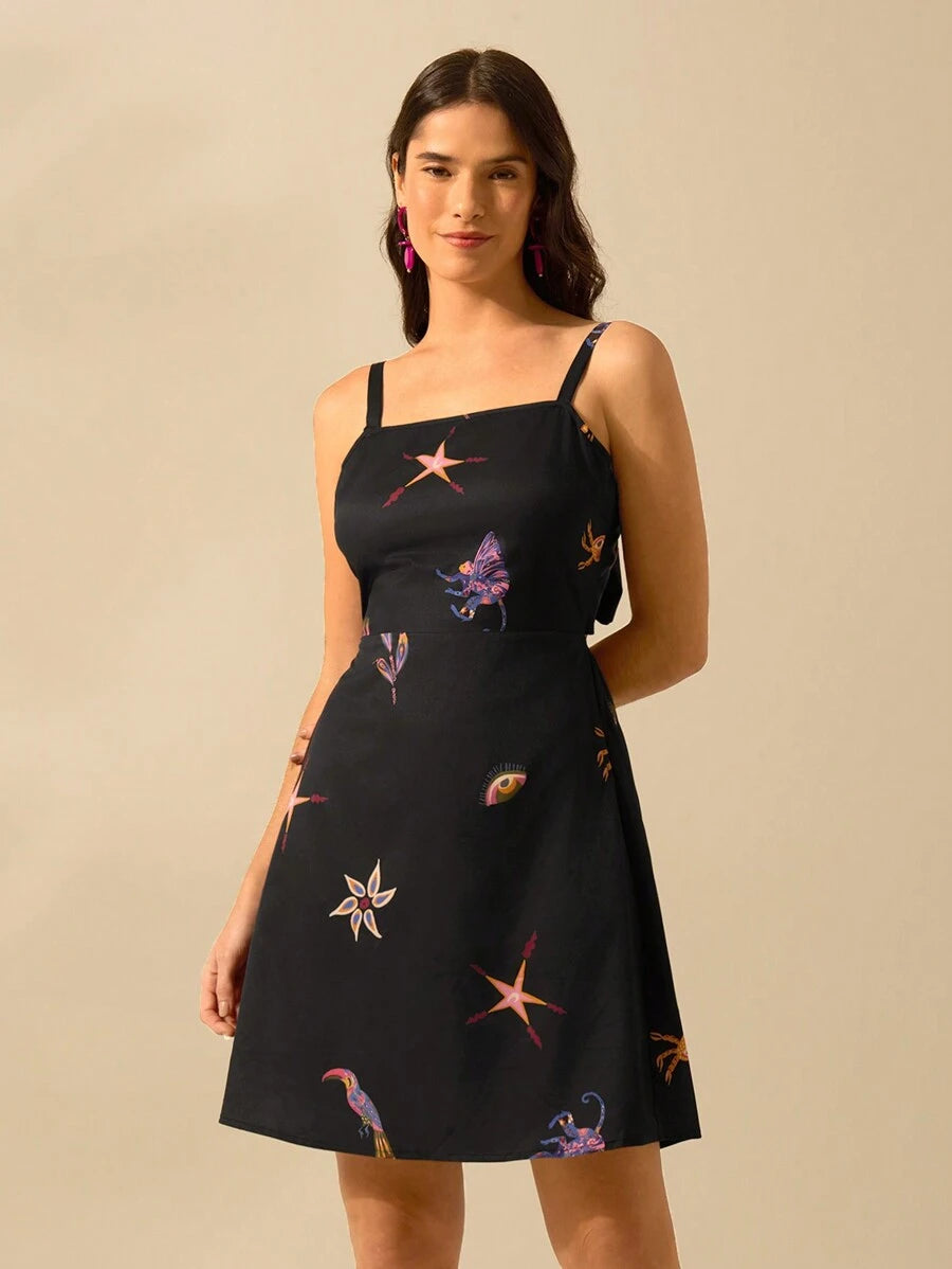 Vestido Negro Tropical con Papagayos & Estrellas