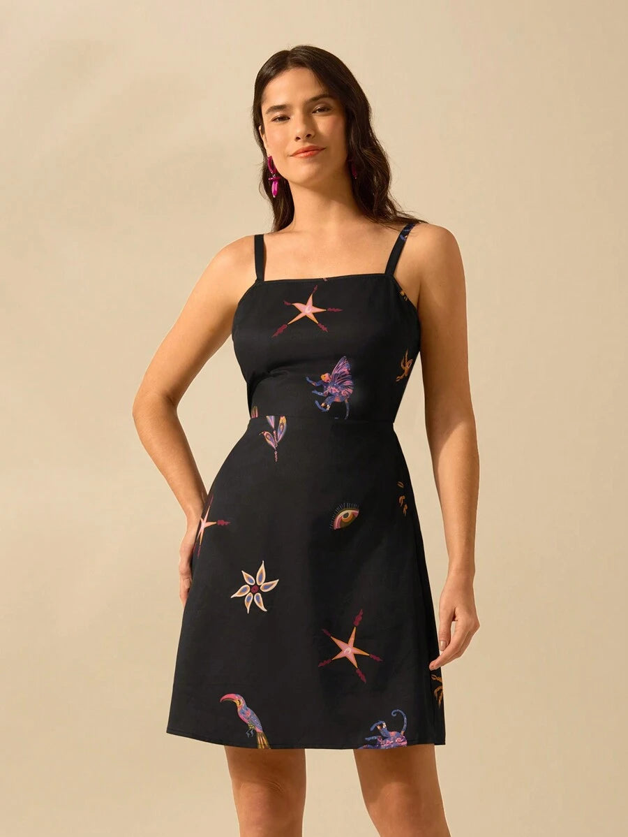 Vestido Negro Tropical con Papagayos & Estrellas