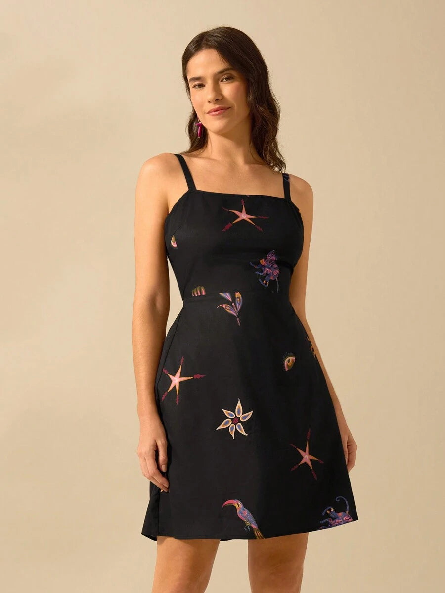 Vestido Negro Tropical con Papagayos & Estrellas