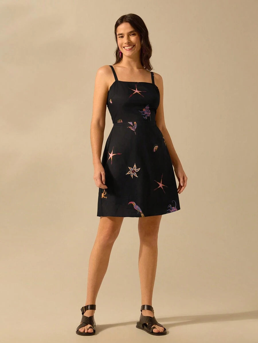 Vestido Negro Tropical con Papagayos & Estrellas
