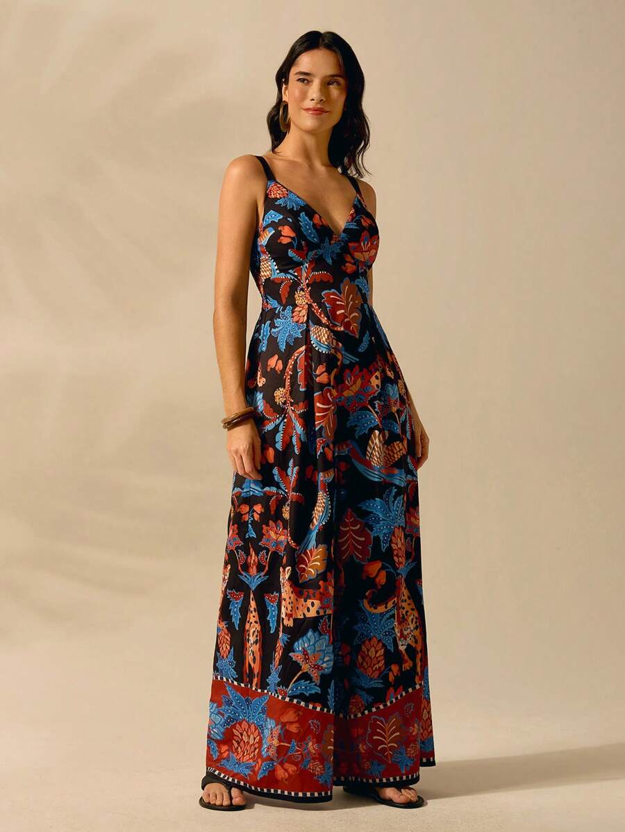 Mono Largo Negro Boho con Estampa Leopardo & Flora Tropical