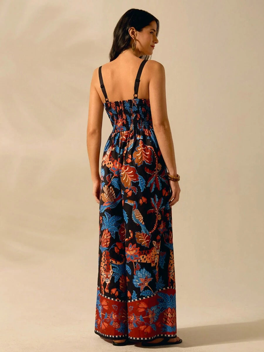 Mono Largo Negro Boho con Estampa Leopardo & Flora Tropical