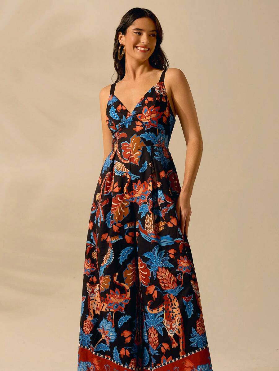 Mono Largo Negro Boho con Estampa Leopardo & Flora Tropical
